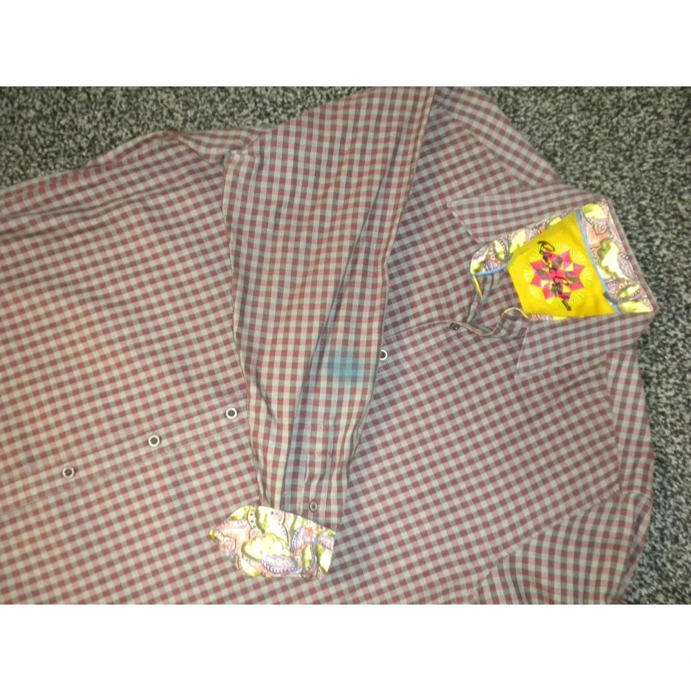 Robert Graham Shirt Mens XL Maroon Gray Check Button Up Contrast Flip Cuff Stain - Picture 1 of 16